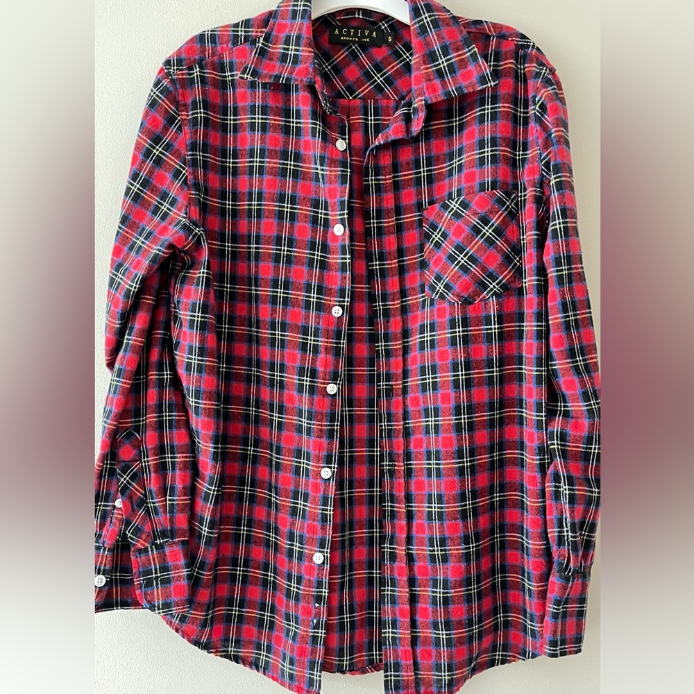 Ativa Red Black Plaid Flannel Shirt with Blue and Yellow Accents